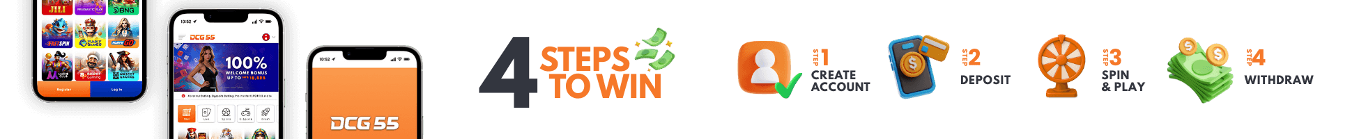 Four steps to win at DCG55: create account, deposit, spin and play, withdraw